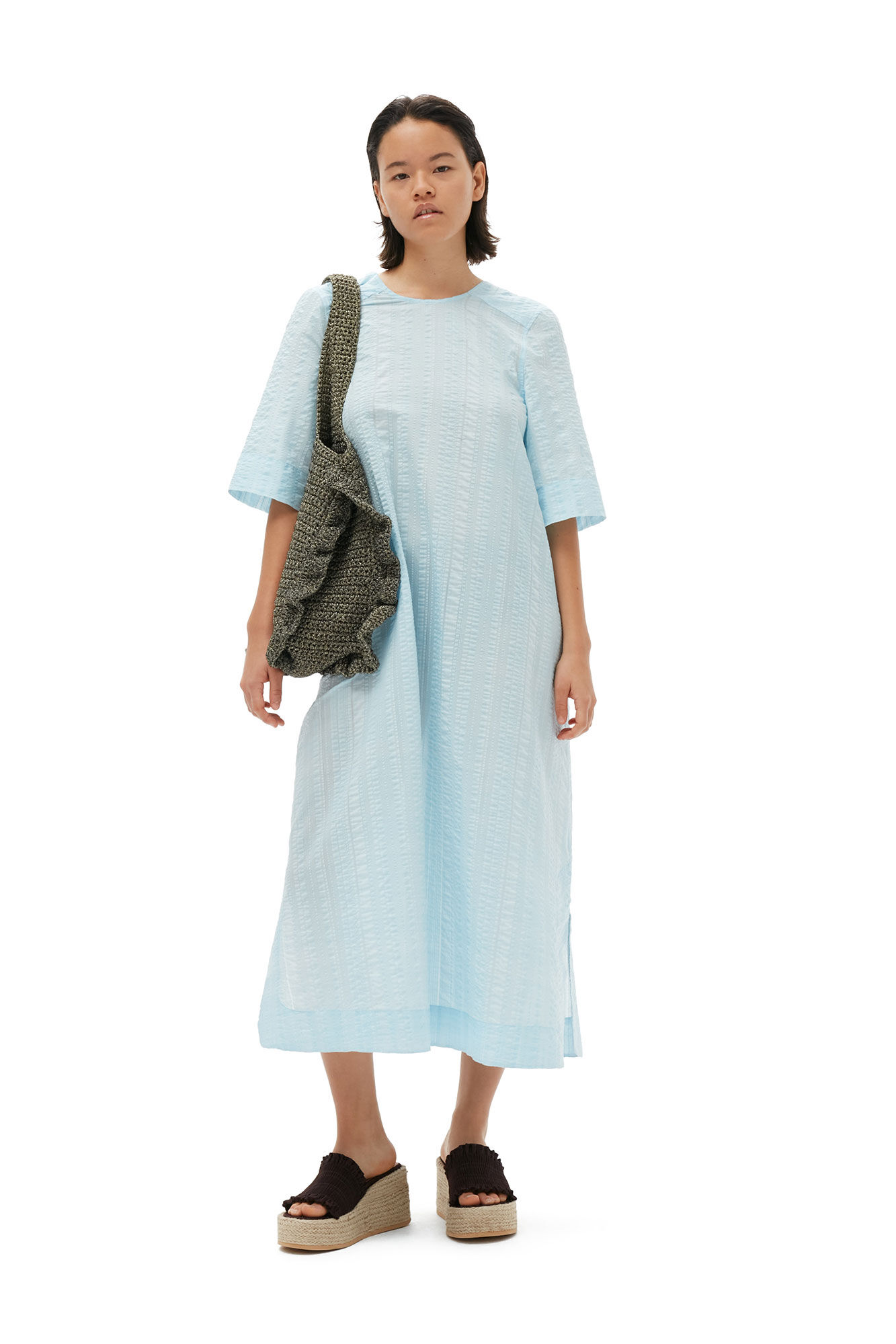 Seersucker Check Maxi Dress, Elastane, in colour Ice Water - 4 - GANNI