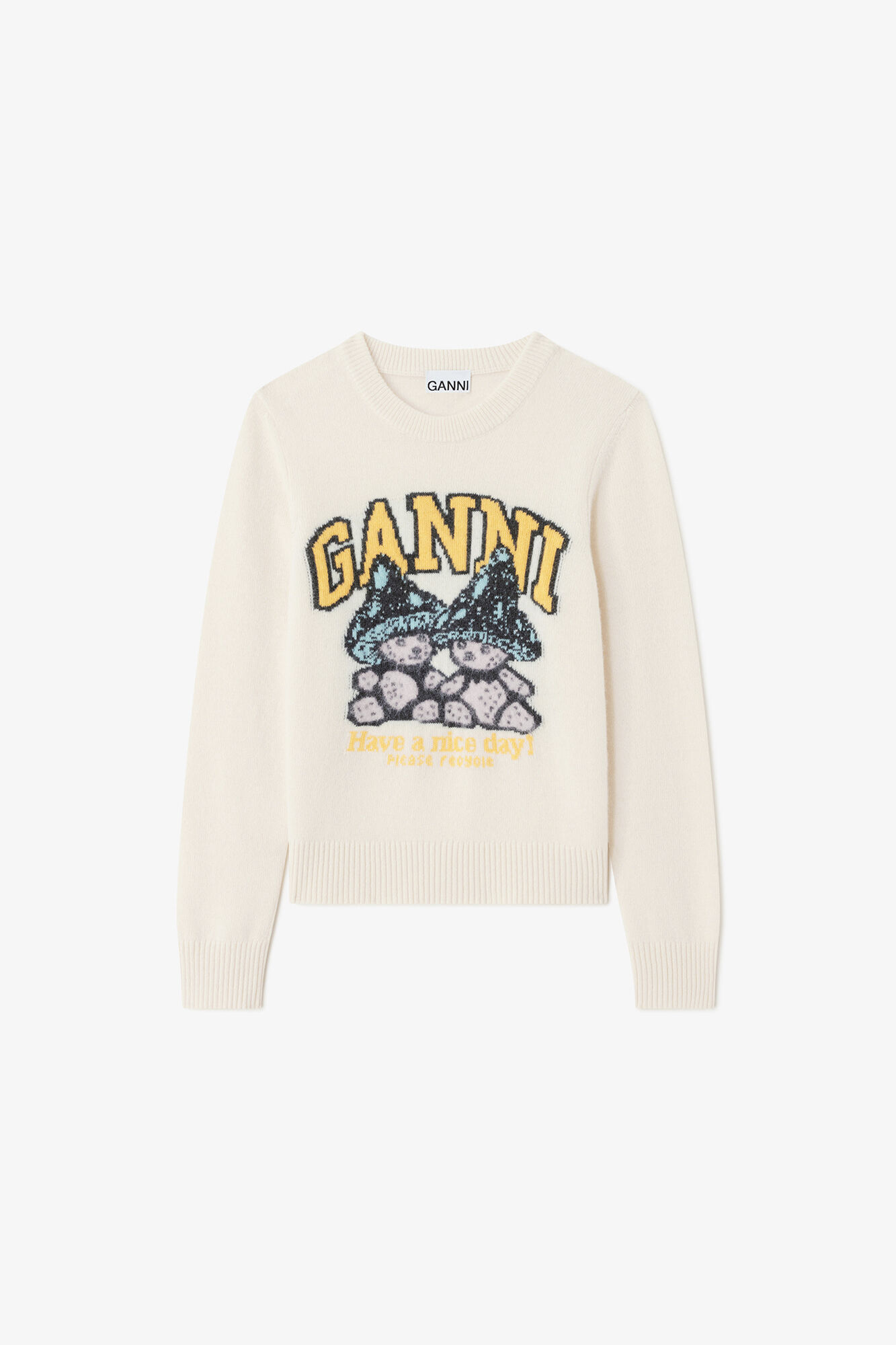 Jumper with Mushroom Teddy, Wool, in colour Egret - 1 - GANNI