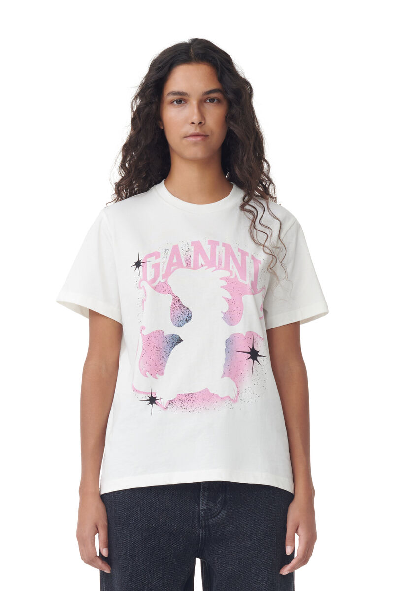 White Relaxed Dragon T-shirt, Cotton, in colour Egret - 1 - GANNI