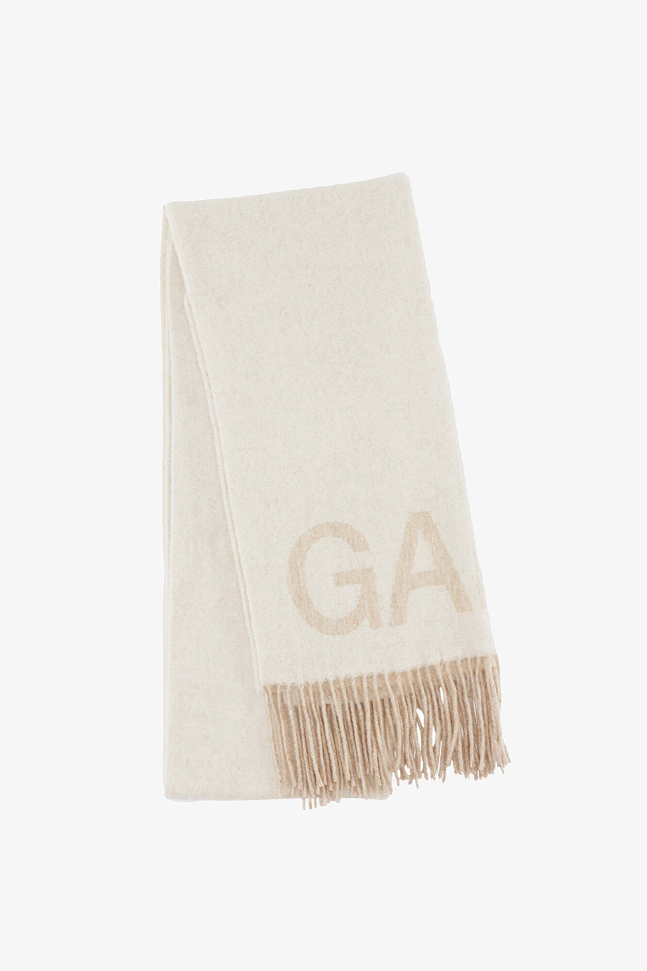 Ivory Fringed Scarf, Recycled Wool, in colour Egret - 1 - GANNI