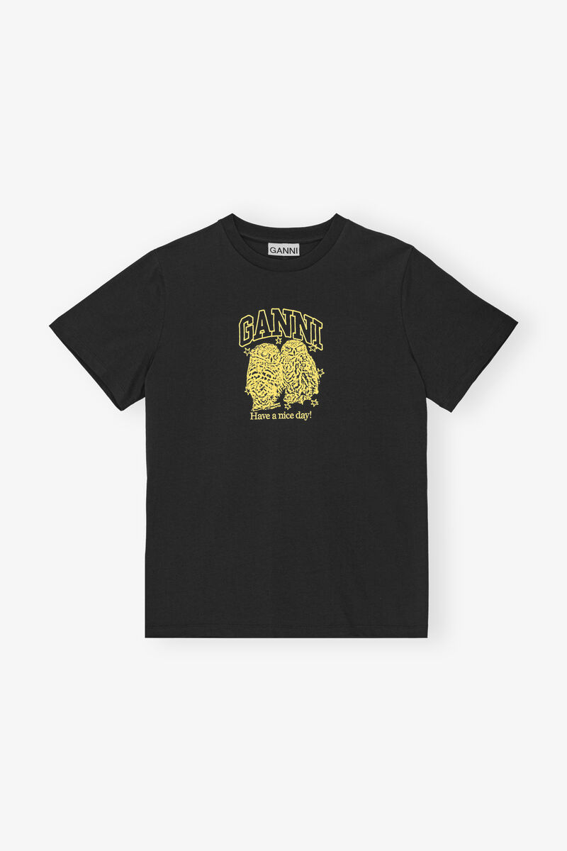 Black Basic Jersey Owls Relaxed T-shirt, Cotton, in colour Phantom - 1 - GANNI
