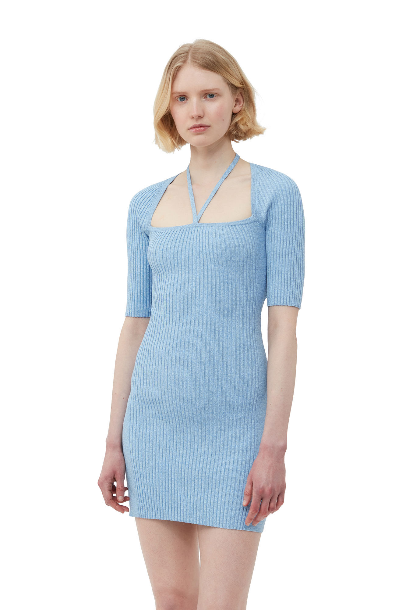 Melange Knit Mini Dress, Elastane, in colour Ethereal Blue - 4 - GANNI