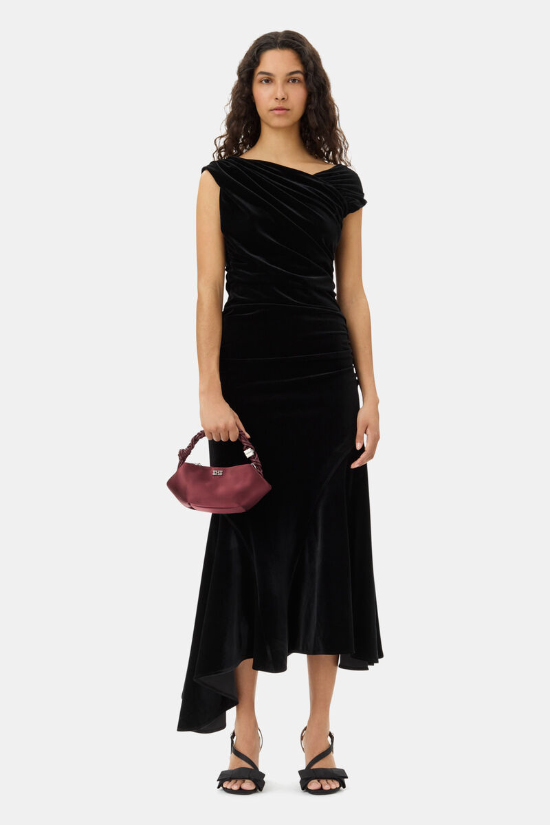 Black Velvet Ruched Dress, Recycled Polyester, in colour Black - 1 - GANNI