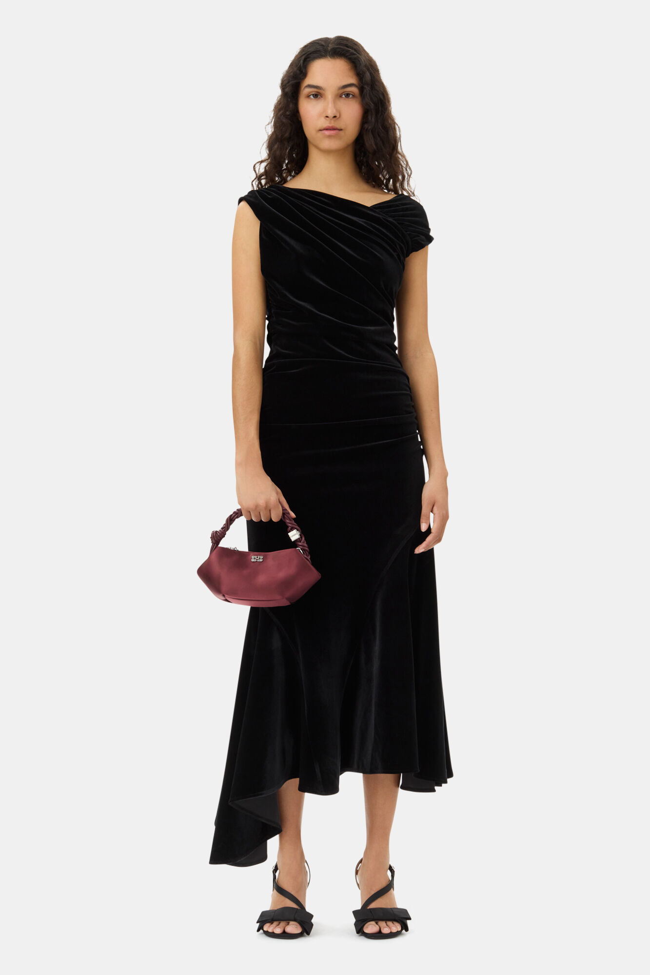 Black Velvet Ruched Dress, Recycled Polyester, in colour Black - 1 - GANNI