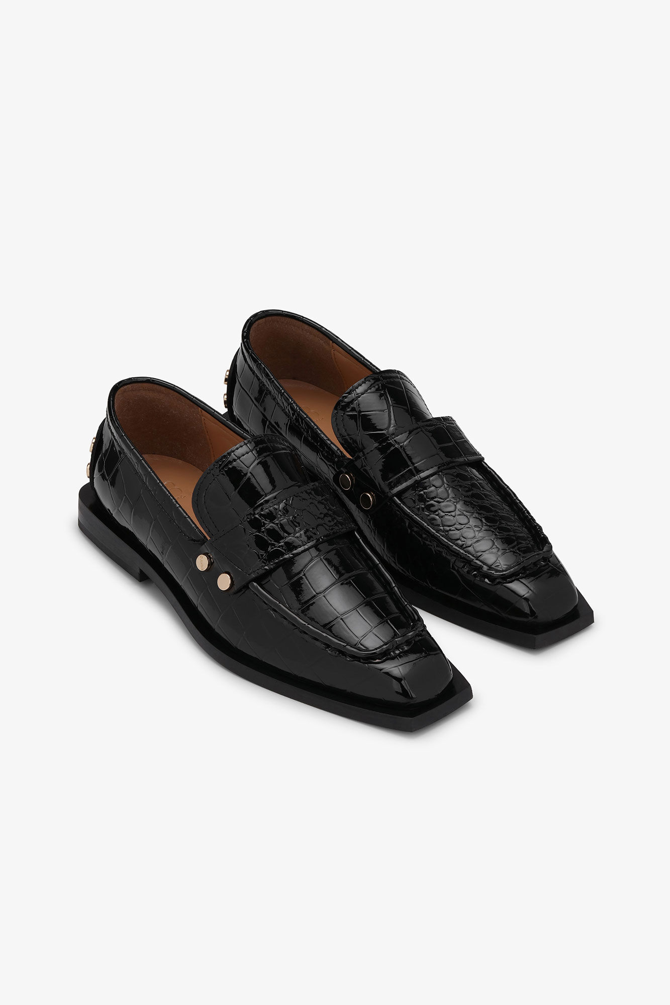 Black Croco Studded Loafers, Polyester, in colour Black - 2 - GANNI