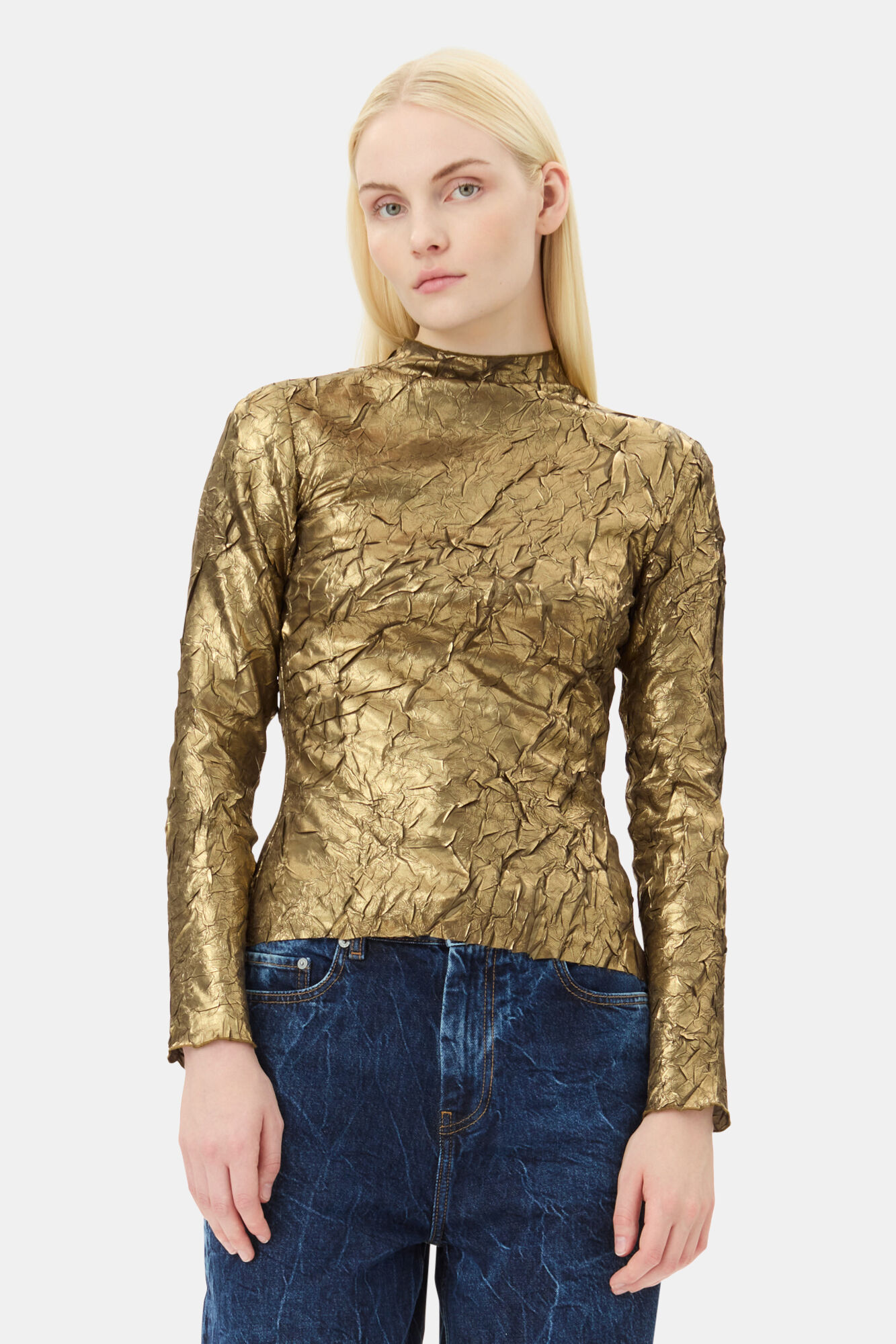 Gold Long-sleeve Blouse, Recycled Polyester, in colour Gold - 1 - GANNI
