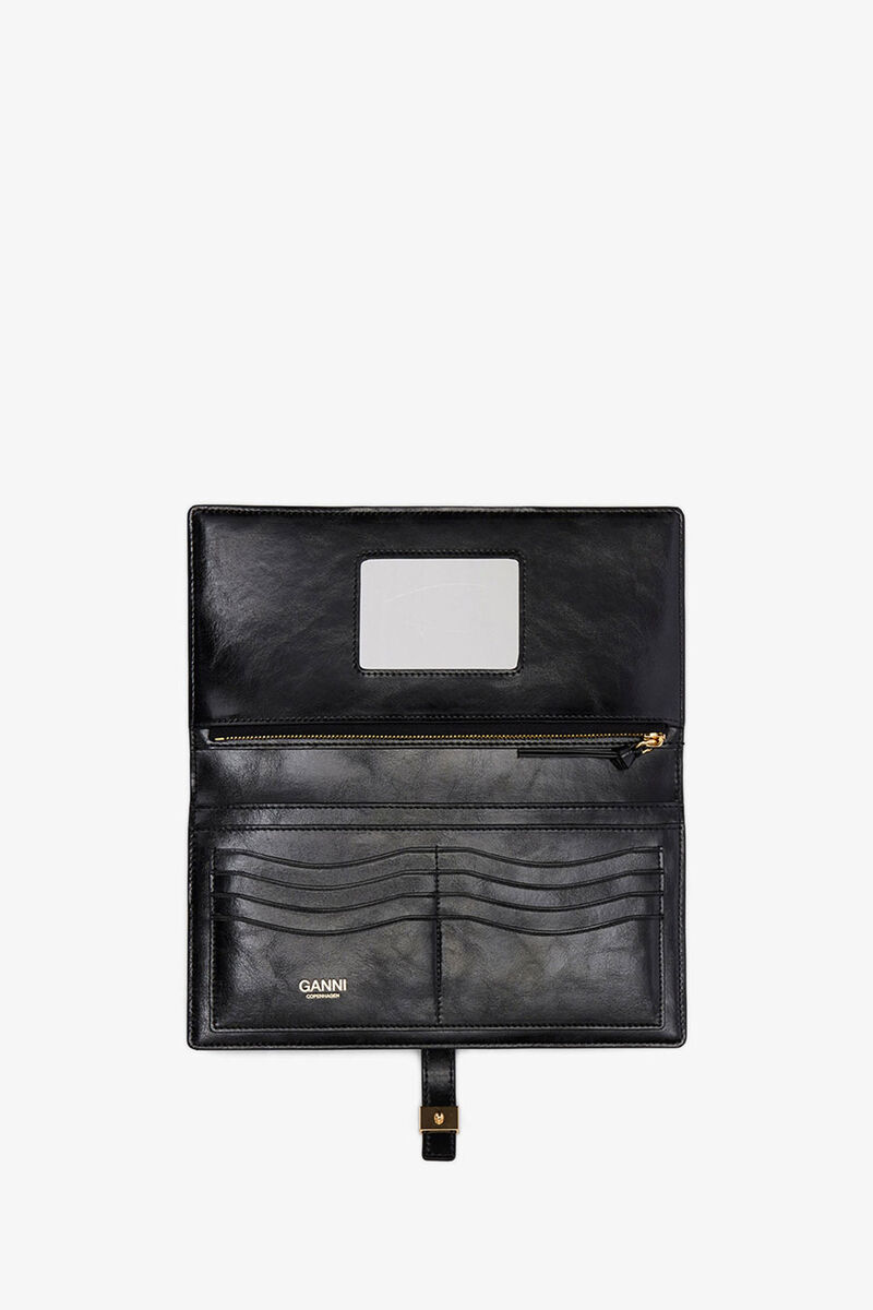 Sue Slim Long Wallet in Black, Recycled Leather, in colour Black - 3 - GANNI