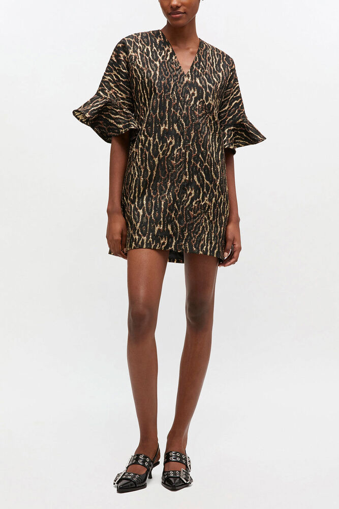 Metallic Cloque Mini Ruffle Dress, Antique Bronze