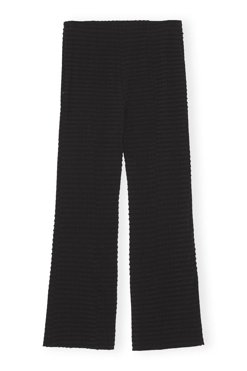 Black Stretch Seersucker Cropped Pants