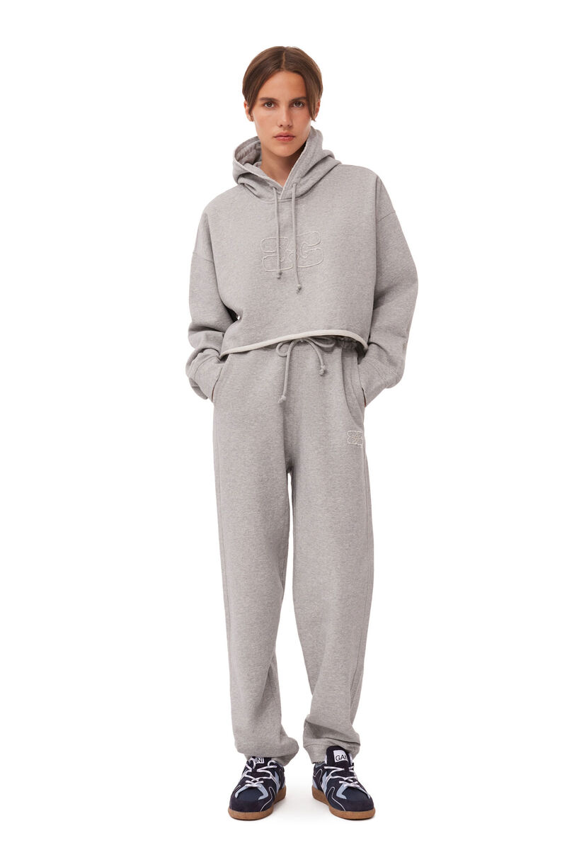 Grey Oversized Isoli Cropped Hoodie, Cotton, in colour Paloma Melange - 1 - GANNI