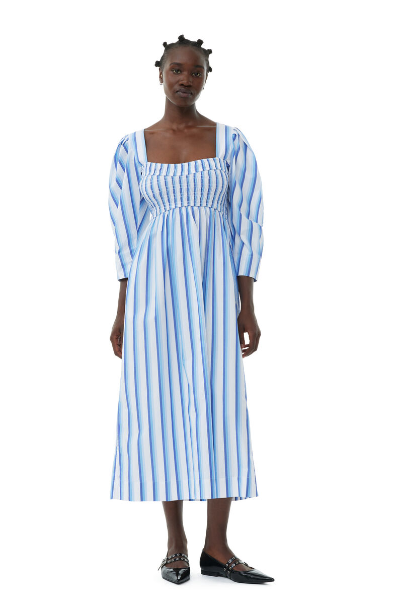 Blue Striped Cotton Smock Long-kjole, Cotton, in colour Silver Lake Blue - 1 - GANNI