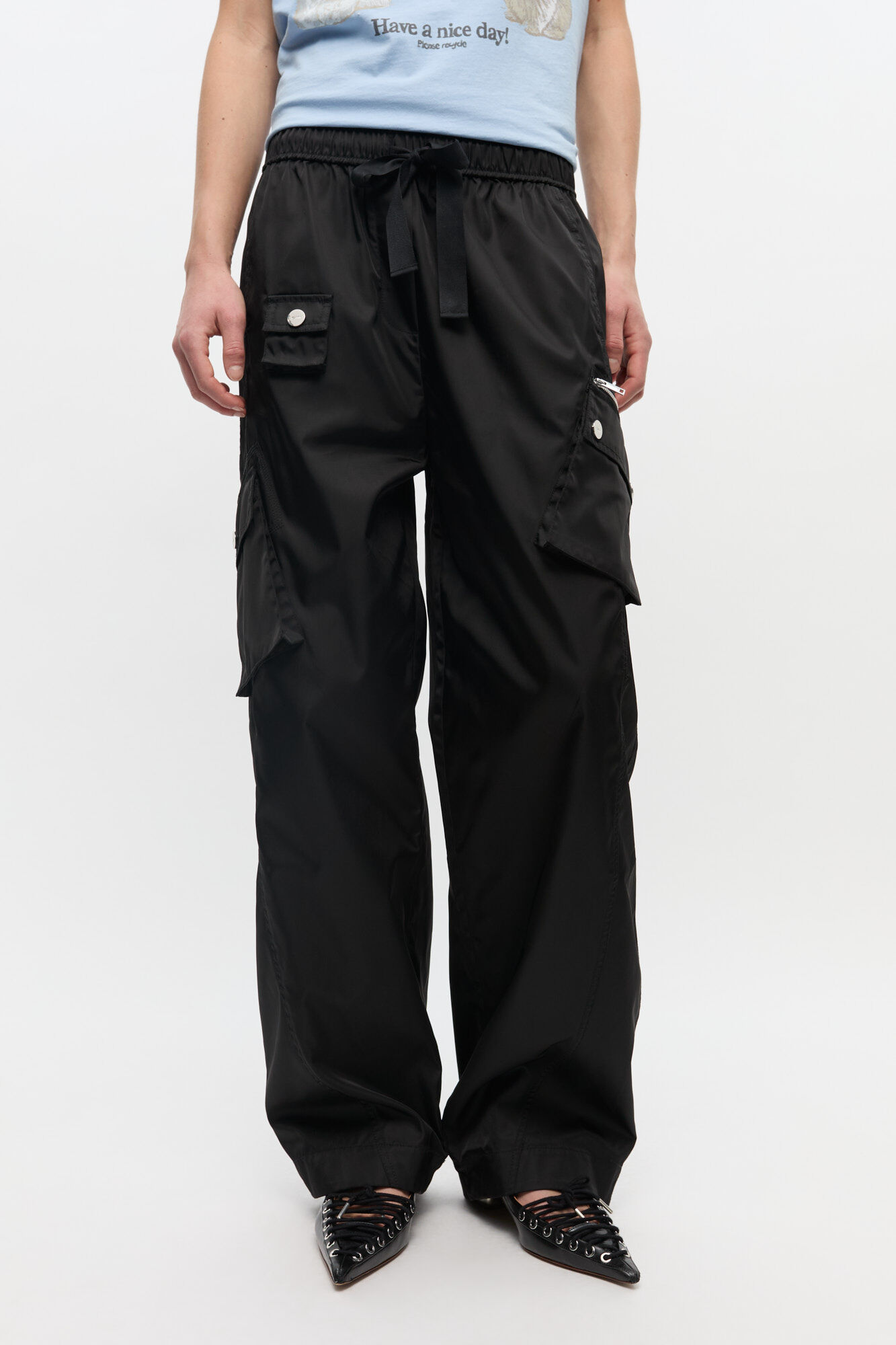 Black Nylon Elasticated Trousers, Polyurethane, in colour Black - 2 - GANNI
