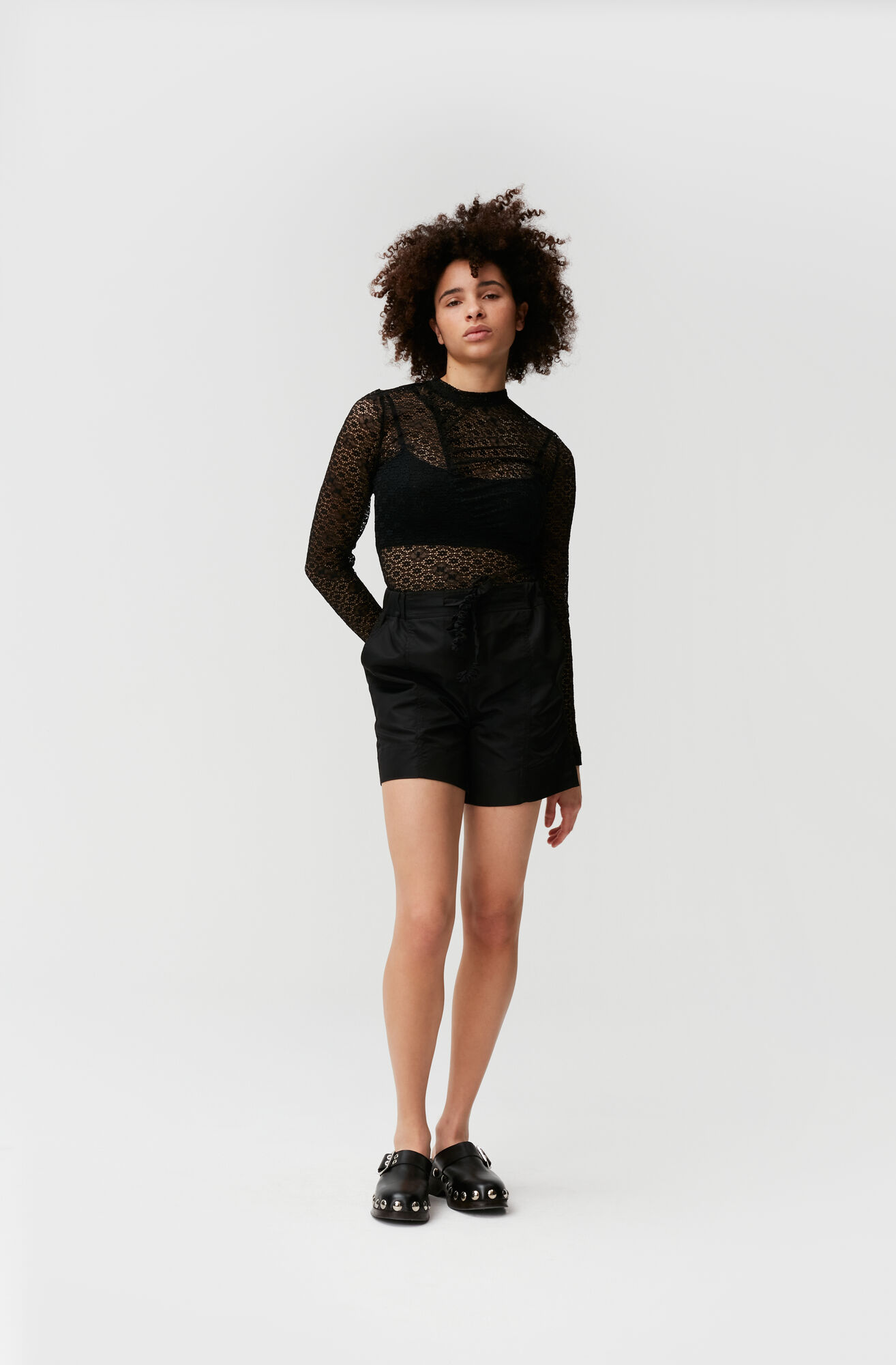 Black Lace Ruched Seam Top Ganni Nl