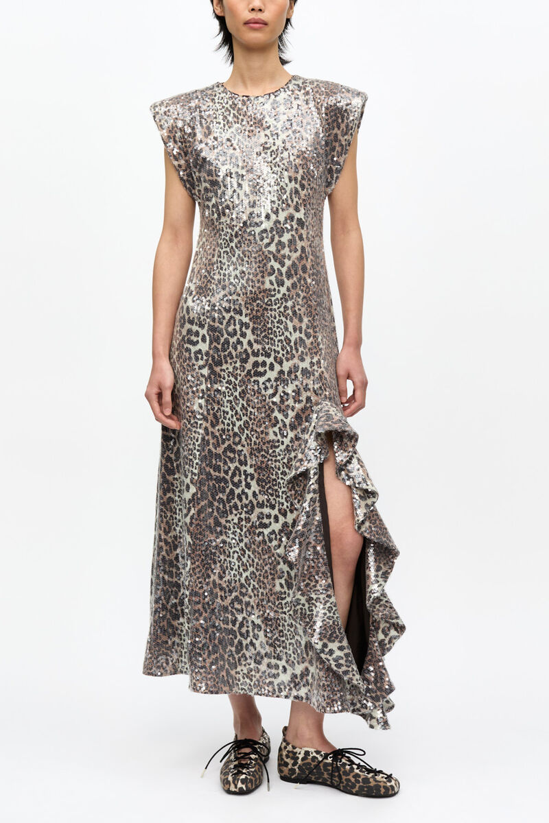 Leopard Stretch Sequins Long Dress, Recycled Polyester, in colour Leopard - 1 - GANNI