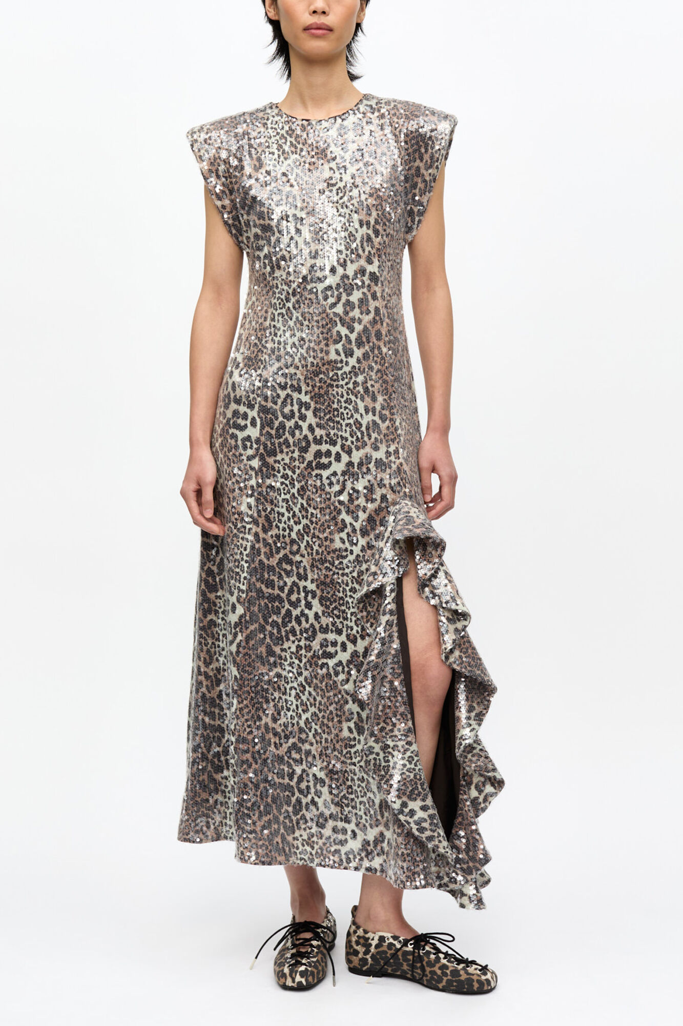 Leopard Stretch Sequins Long Dress, Recycled Polyester, in colour Leopard - 1 - GANNI