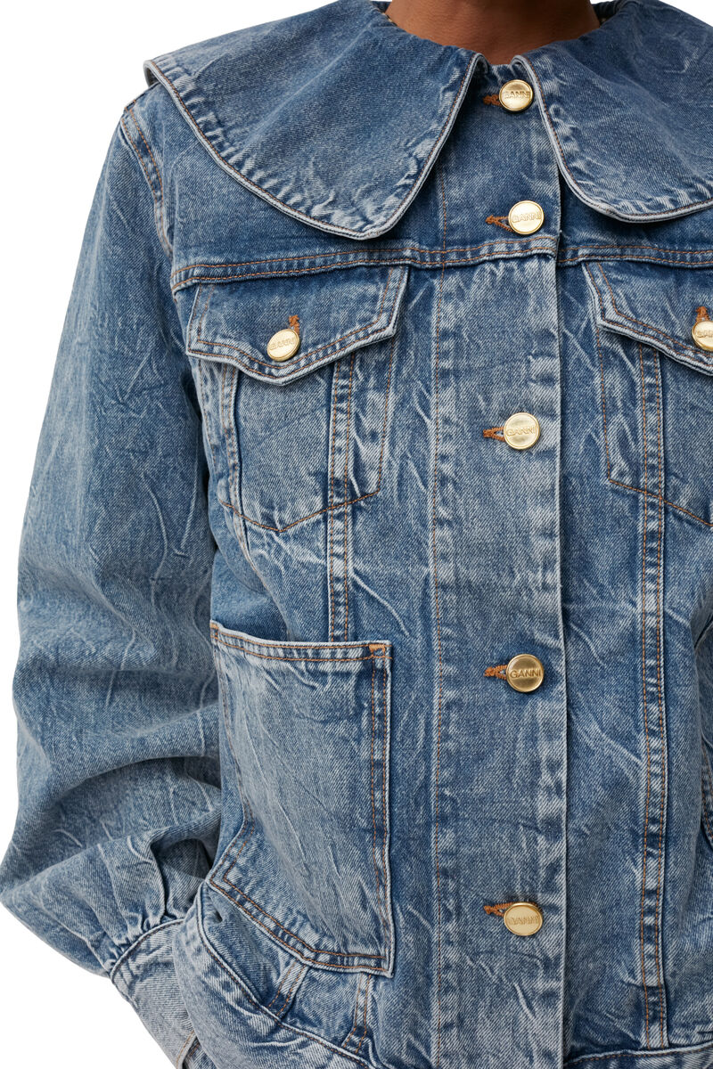 Oversized Crinkle Denim Jacket, Cotton, in colour Mid Blue Stone - 3 - GANNI
