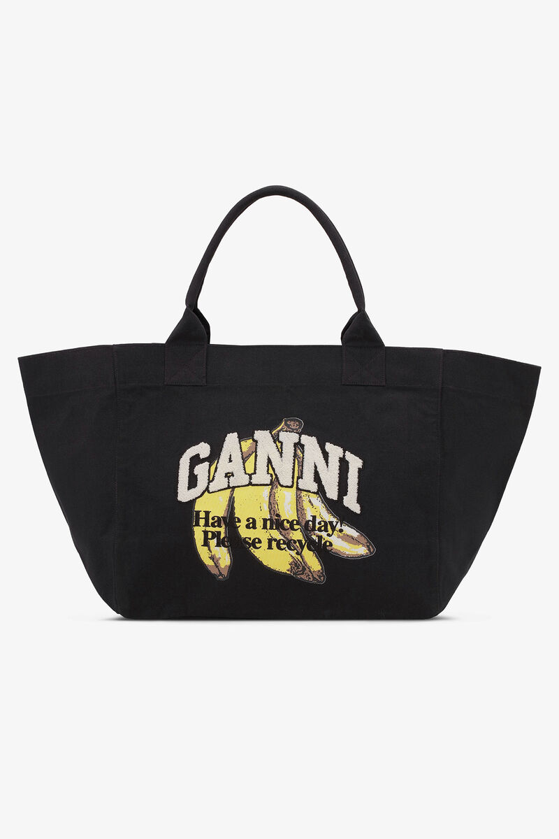 Black XXL Banana Print Tote, Recycled Cotton, in colour Black - 1 - GANNI