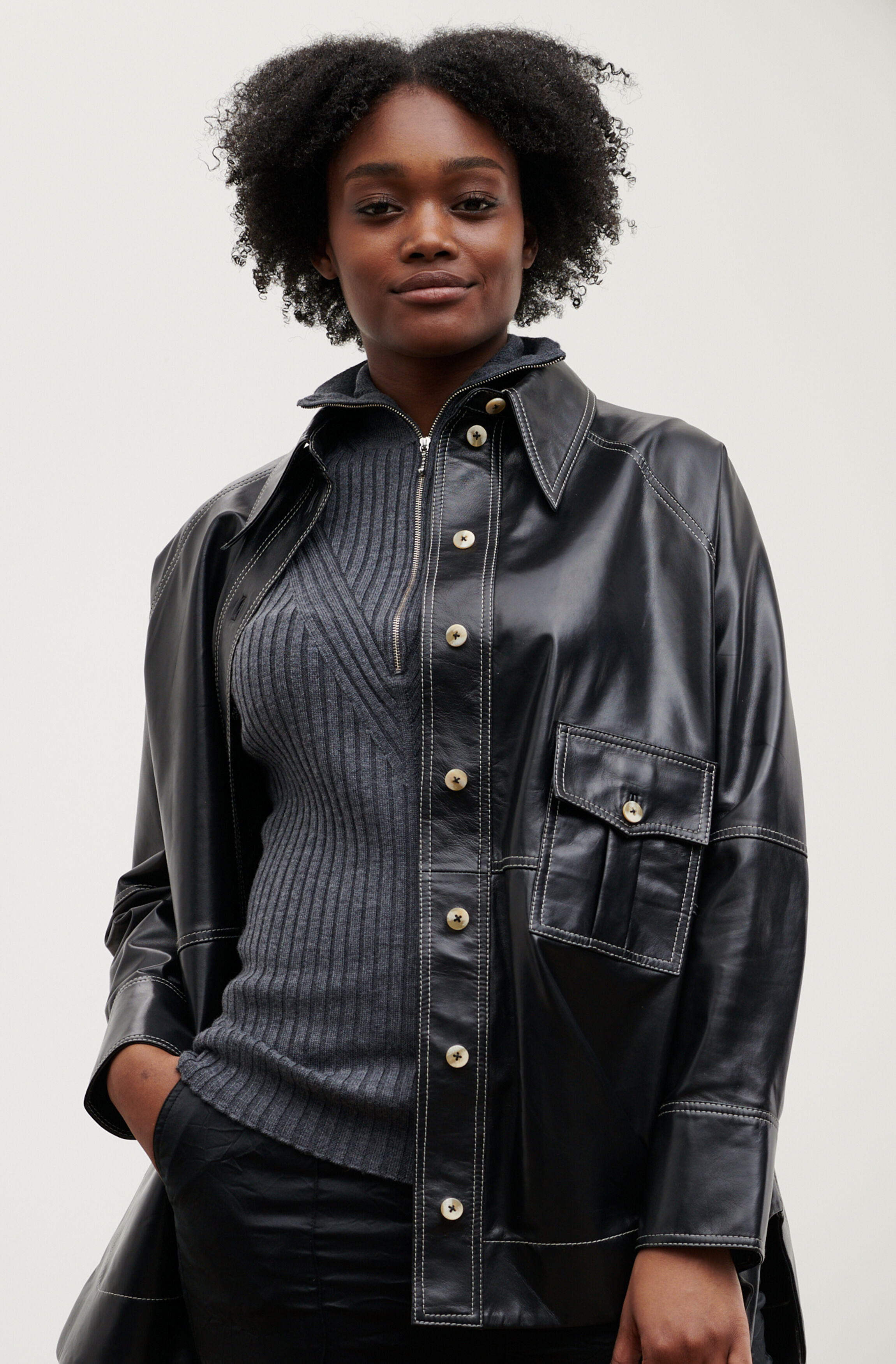 oversized black leather shirt