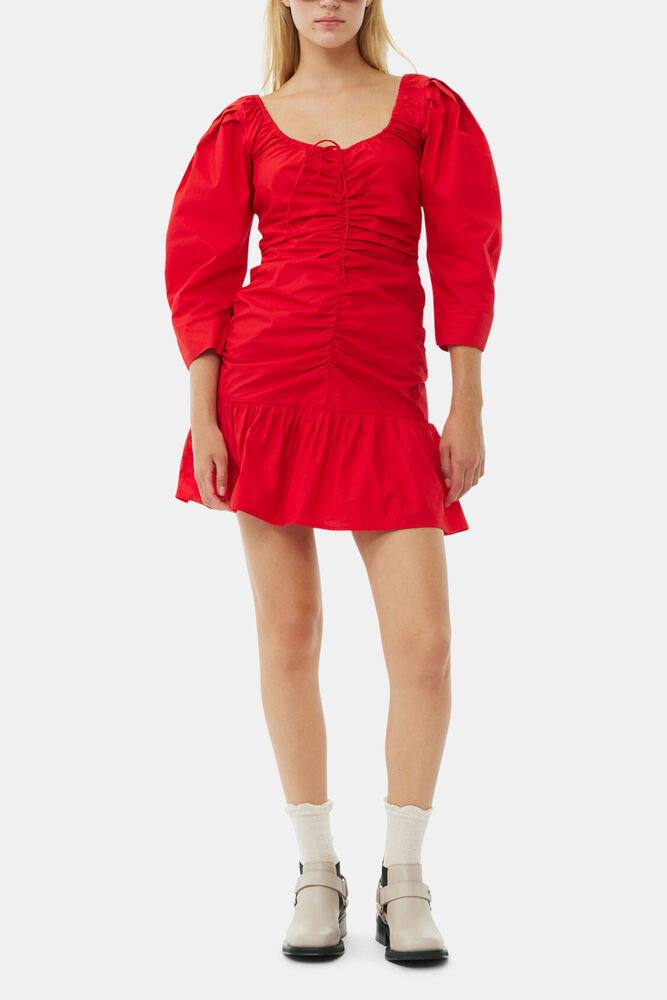 Red Cotton Poplin Gathered U-neck Mini Dress, Racing Red