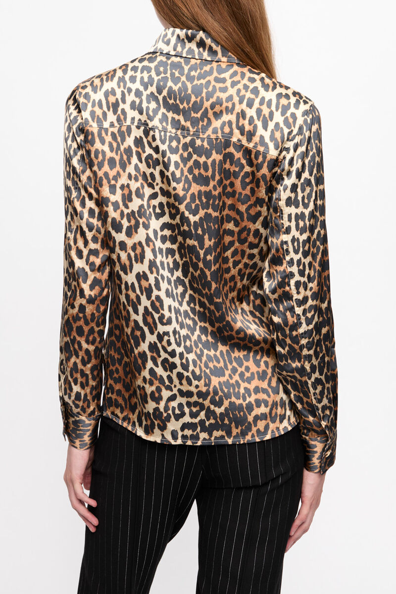 Leopard Print Satin Shirt, Viscose, in colour Leopard - 2 - GANNI