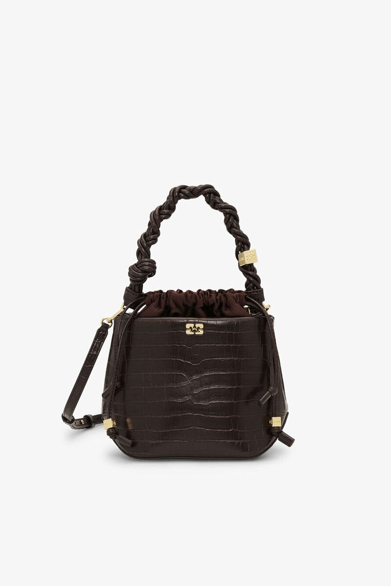 Brun Bou Bucket-v&auml;ska i krokodilm&ouml;nster, Recycled Leather, in colour Chocolate Fondant - 1 - GANNI