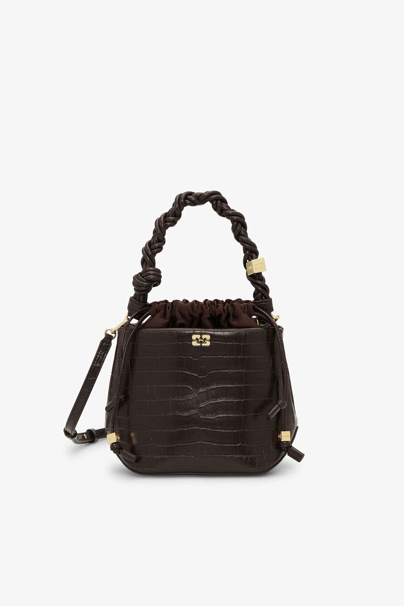 Brun Bou Bucket-v&auml;ska i krokodilm&ouml;nster, Recycled Leather, in colour Chocolate Fondant - 1 - GANNI