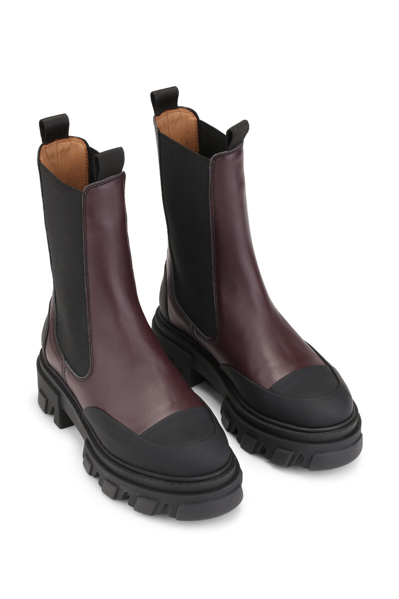 Cleated Mid Chelsea Boots, Leather, in colour Burgundy - 3 - GANNI