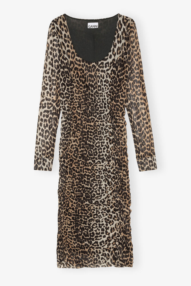 Leopard Mesh Printed Ruched Midi Dress, Leopard