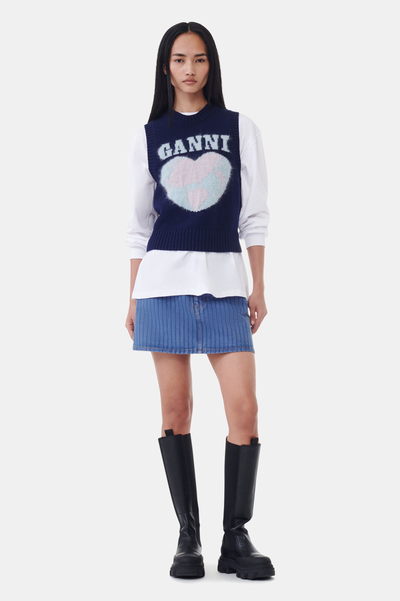 Navy Graphic Soft Wool Mix Vest, Alpaca, in colour Sky Captain - 2 - GANNI