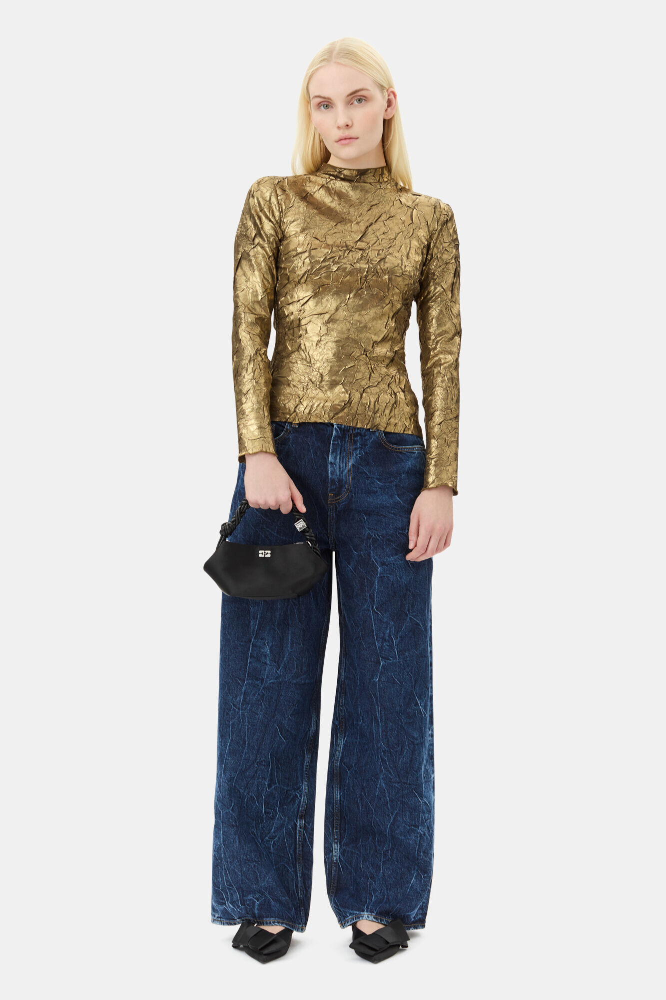 Gold Long-sleeve Blouse, Recycled Polyester, in colour Gold - 2 - GANNI