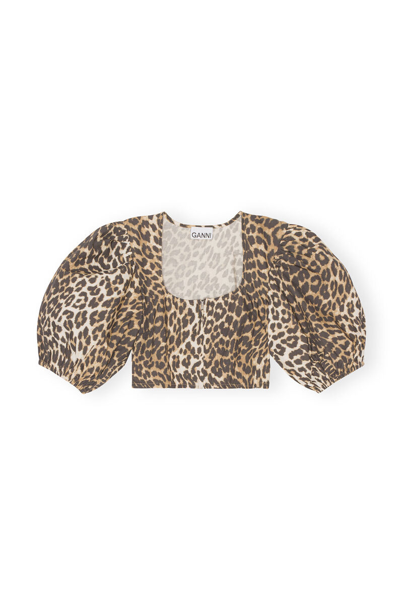 Printed Cropped Zipper Bluse, Cotton, in colour Big Leopard Almond Milk - 1 - GANNI