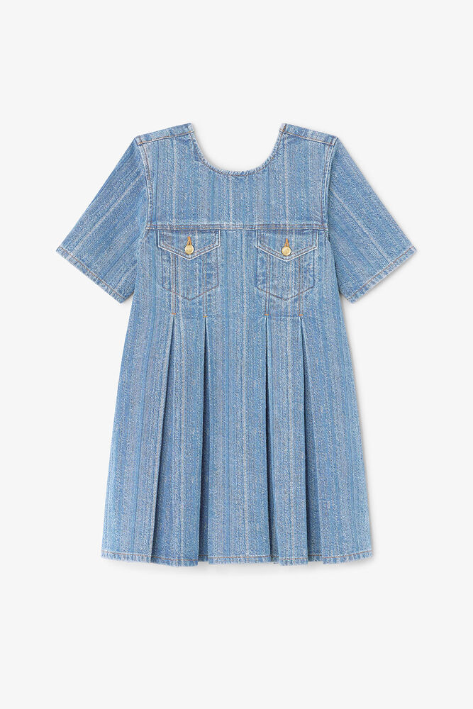 Striped Denim Pleated Dress, Mid Blue Stone