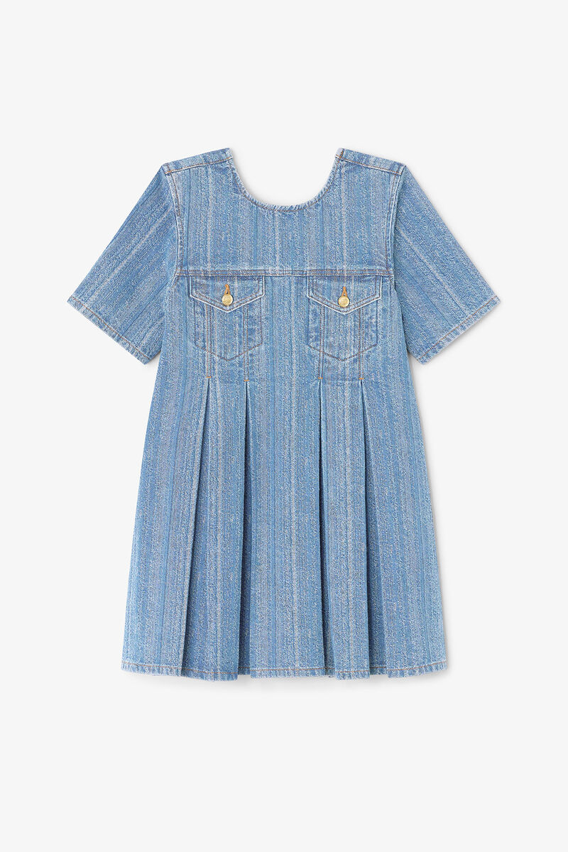 Striped Denim Pleated Dress, Cotton, in colour Mid Blue Stone - 1 - GANNI