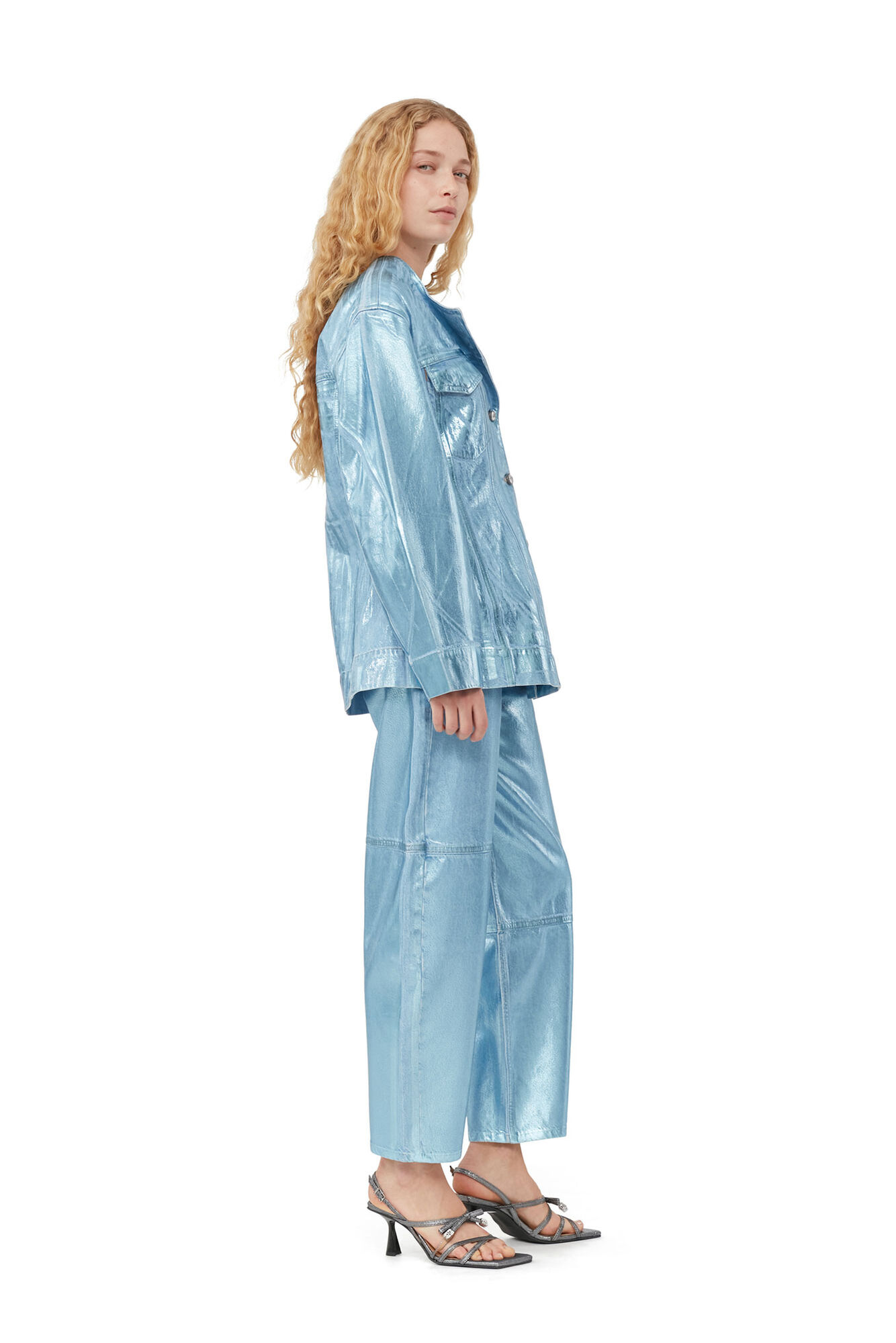 Blue Foil Denim Fitted Blazer, Cotton, in colour Heather - 2 - GANNI