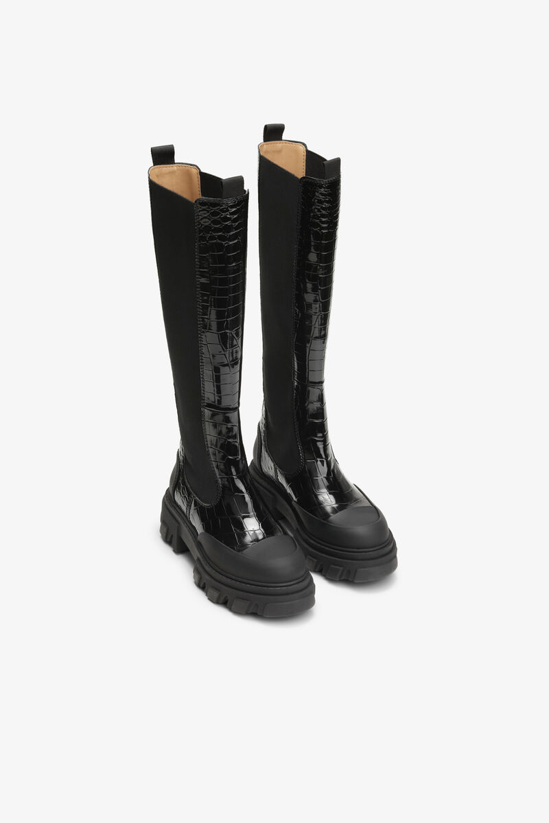 Black Patent Croco High Boots, Polyester, in colour Black - 2 - GANNI