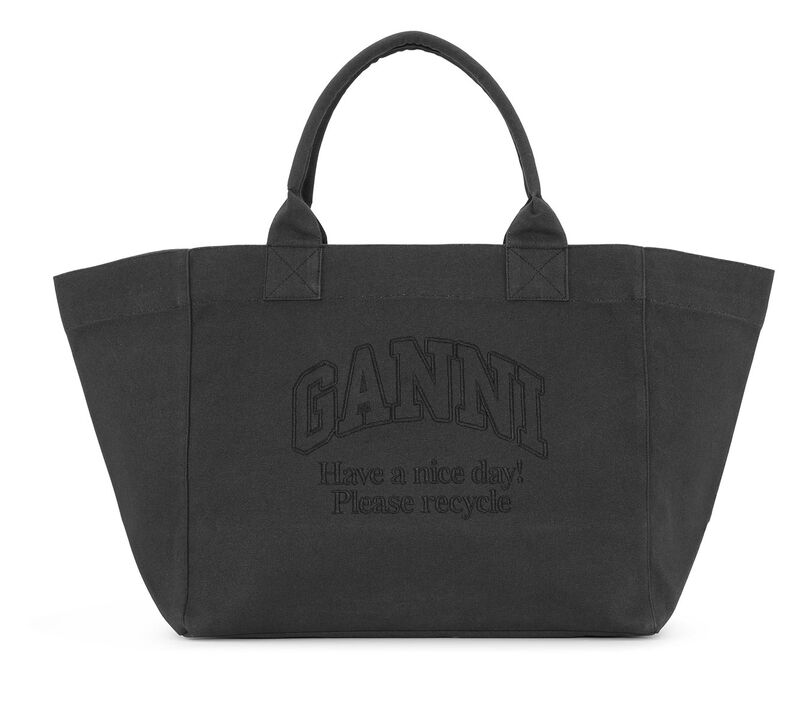 Black Oversized Canvas Tote Bag, Recycled Cotton, in colour Phantom - 1 - GANNI