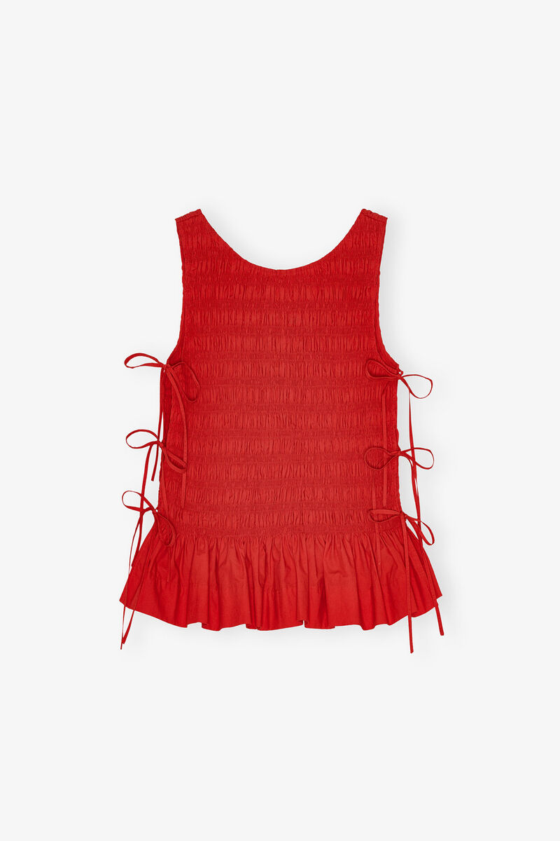 Haut &agrave; liens smock&eacute; en coton rouge, Organic Cotton, in colour Racing Red - 1 - GANNI