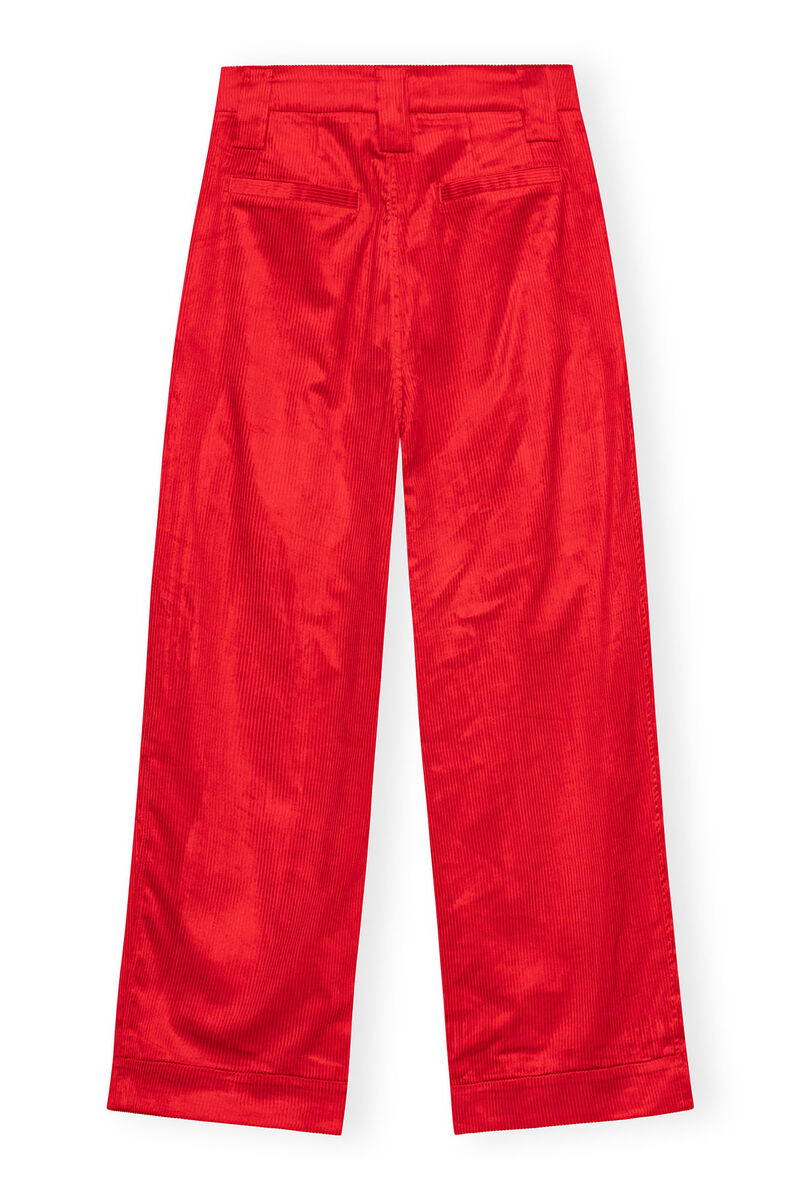 Red Shiny Corduroy Loose Pleat Pants, Organic Cotton, in colour High Risk Red - 2 - GANNI