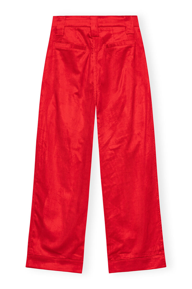 Red Shiny Corduroy Loose Pleat Trousers, Organic Cotton, in colour High Risk Red - 2 - GANNI