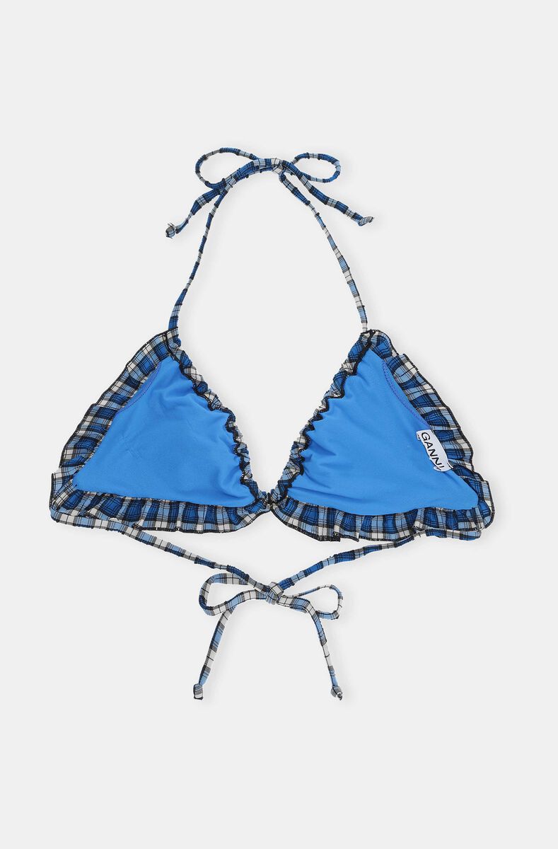 Seersucker String Bikini Top, Elastane, in colour Check Azure Blue - 2 - GANNI