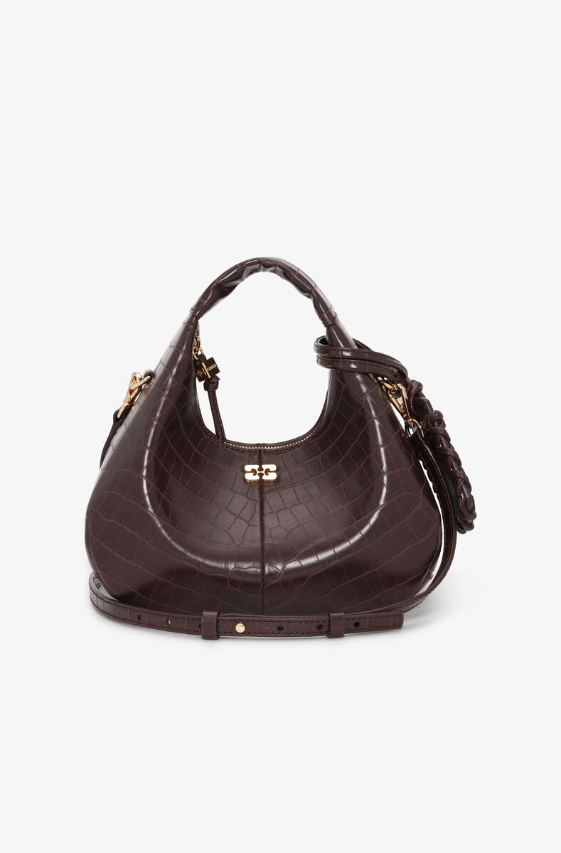 Braune Mini-Hobo-Tasche in Kroko-Optik, Lyocell, in colour Chocolate Fondant - 1 - GANNI