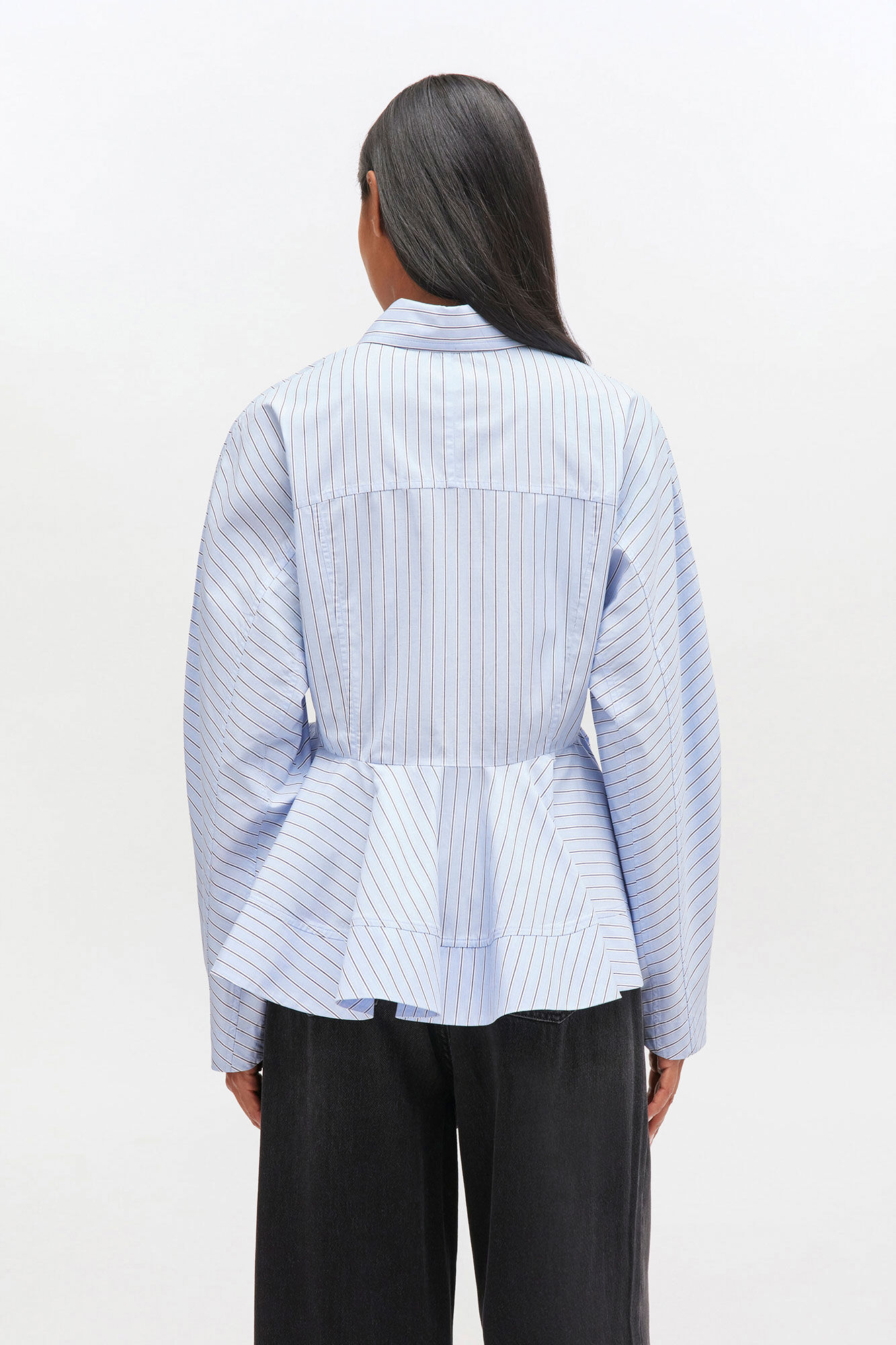 Blå peplumskjorte med striper, Cotton, in colour Lavender Lustre - 3 - GANNI