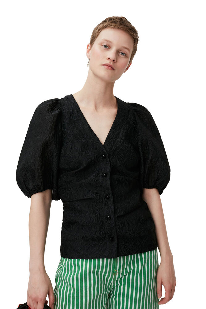 Jacquard V-neck Blouse, Black