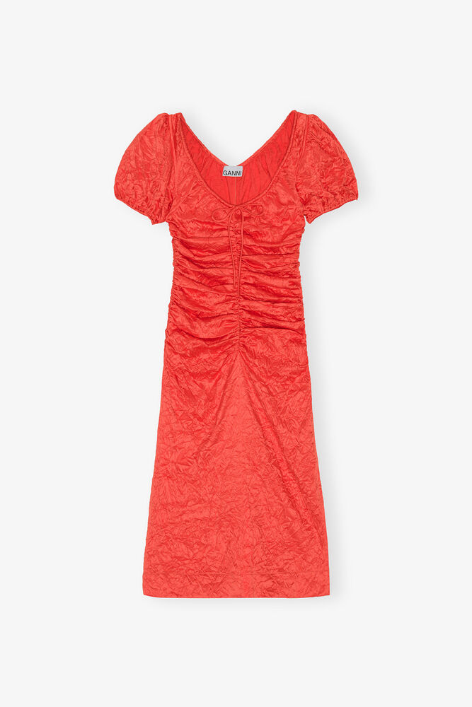 Red Crinkled Satin Midi Dress, Grenadine
