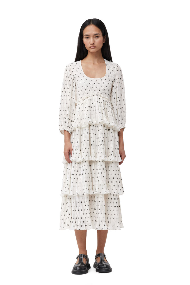 White Pleated Georgette Flounce Smock Midi Dress, Recycled Polyester, in colour Egret - 1 - GANNI