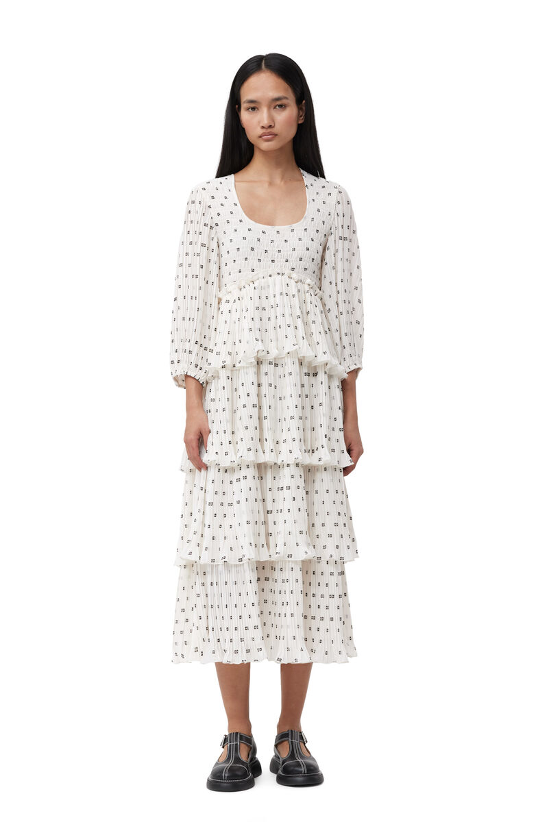 White Pleated Georgette Flounce Smock Midi klänning, Recycled Polyester, in colour Egret - 1 - GANNI