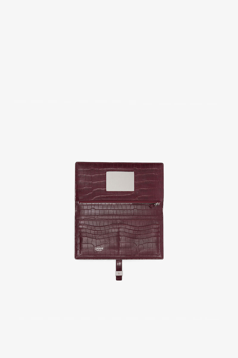 Lang, smal bordeauxfarvet Sue pung med krokodillem&oslash;nster, Recycled Leather, in colour Burgundy - 3 - GANNI