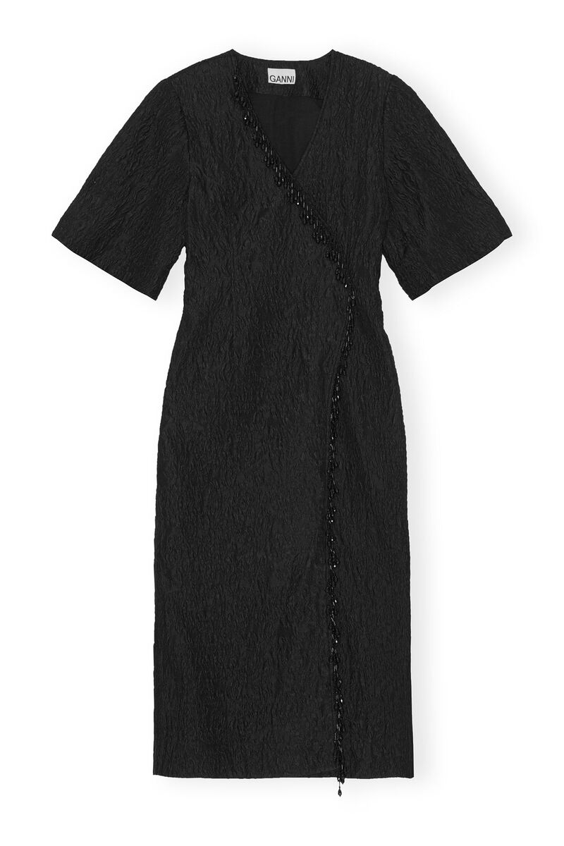 Black Jacquard Organza Bead Fringe Wrap Dress GANNI DE