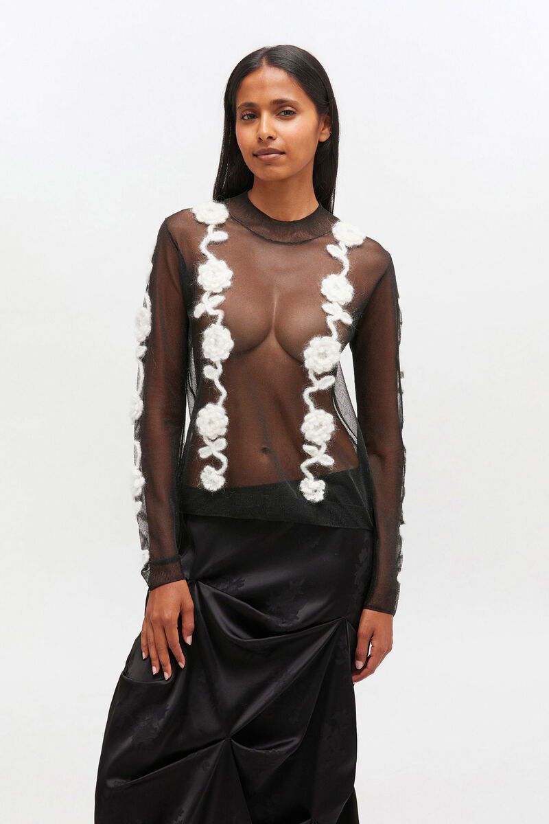 Black Flower Crochet Turtlenck, Mohair, in colour Black - 1 - GANNI