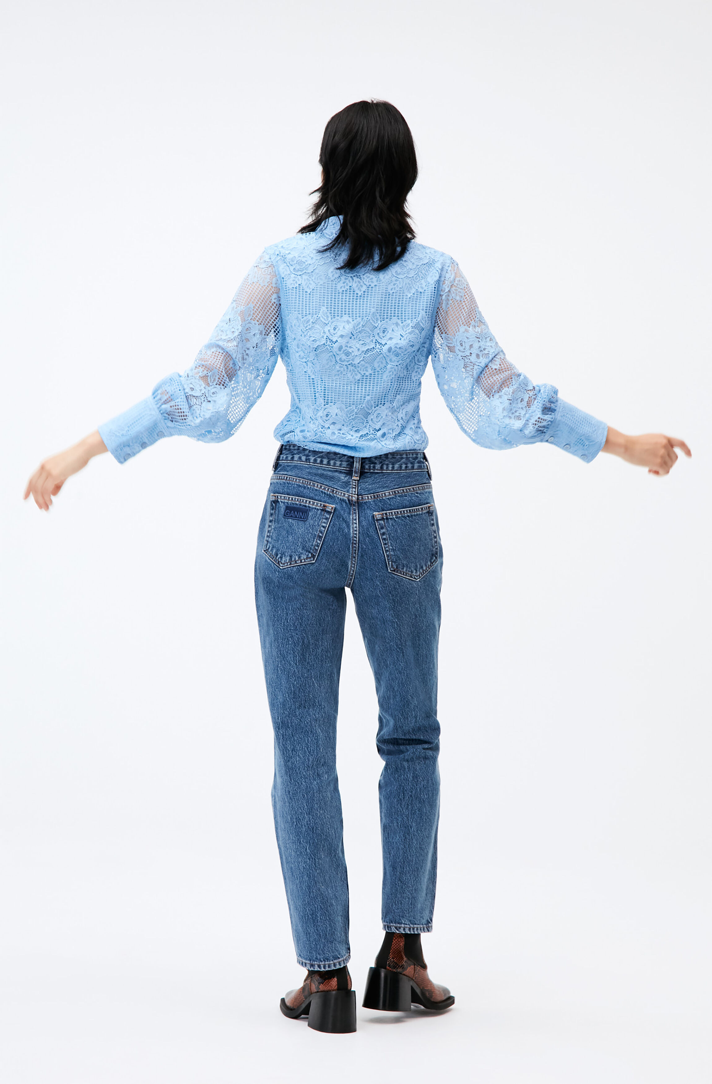 Lace Long Collar Front Zip Shirt | GANNI RO